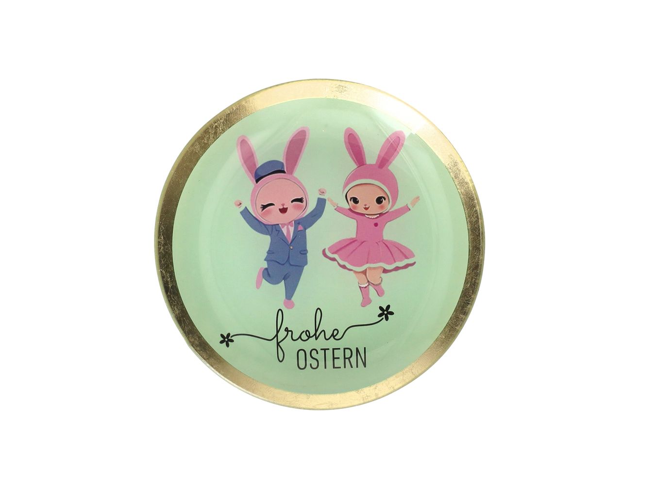 Runder Glasteller in Mint mit zwei Häschen und Schriftzug Frohe Ostern von Giftcompany