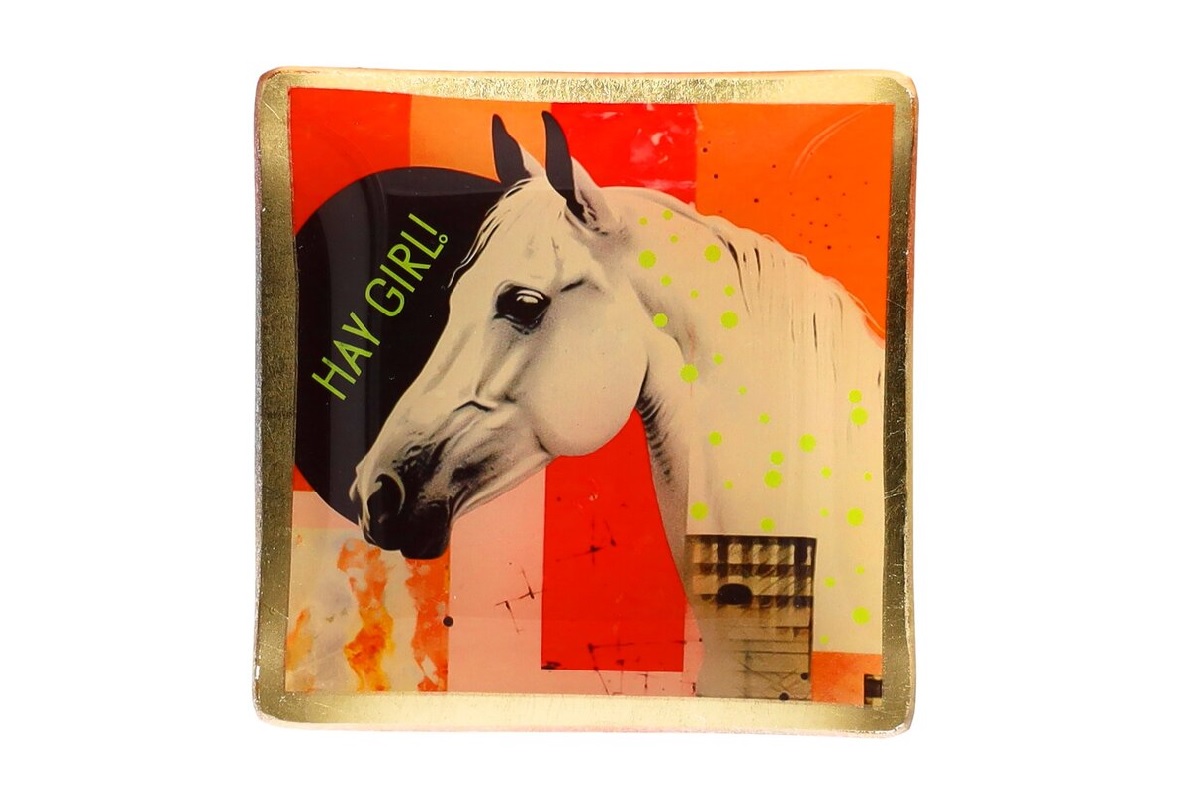 Mehrfarbiger Glasteller von Giftcompany mit Pferdekopf-Motiv und Schriftzug Hay girl!