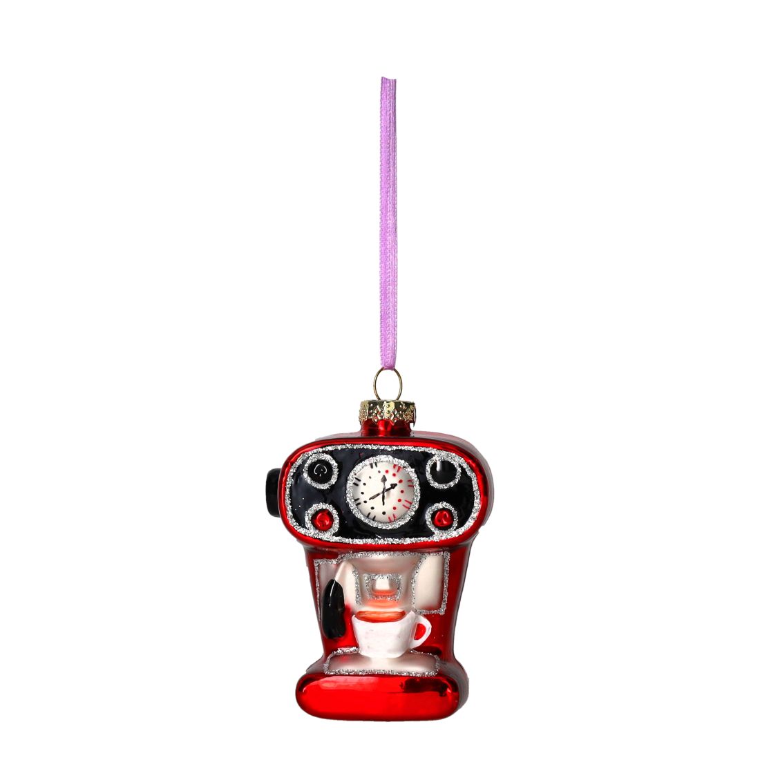 Roter Siebträger-Kaffeeautomat als Weihnachtsbaumanhänger mit kleinen Display-Anzeigen, glitzernden Silberrändern und einer weißen Kaffeetasse unter dem Auslauf