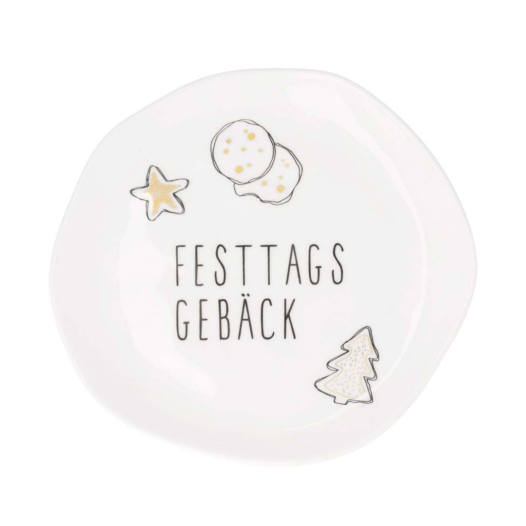 Kleiner weißer räder Porzellanteller Festtagsgebäck mit 14 cm Durchmesser und edlem Gold- und Schwarzdekal