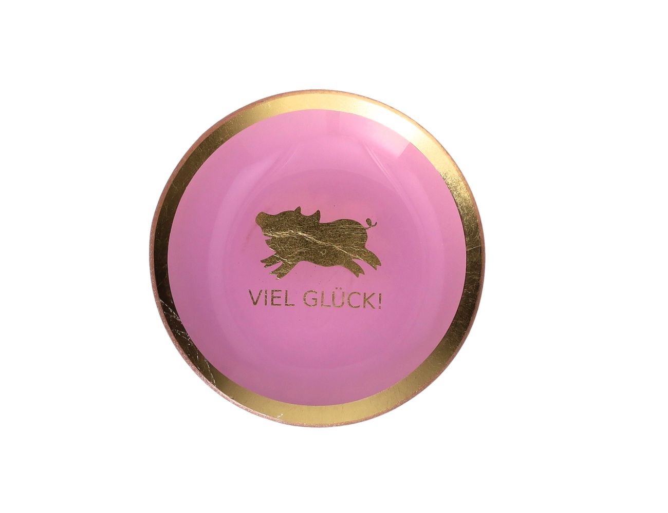 Love Plates Glasteller Glücksschwein S von Giftcompany in Rosa mit goldenem Glücksschwein, Schriftzug Viel Glück! und breitem Goldrand