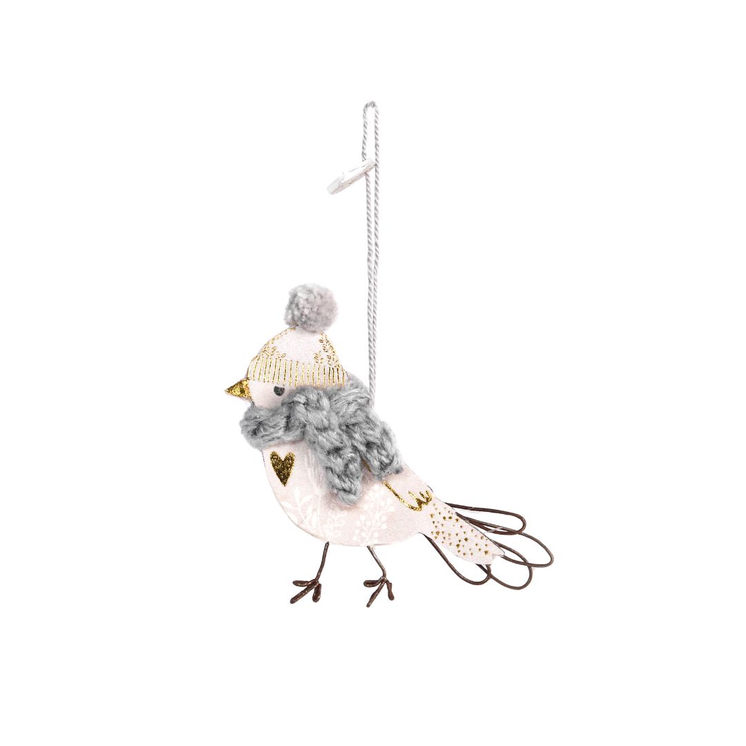 Süßer Mini Wintervogel Herz gold von Good old friends: Rosa Papp-Vogel mit grauer Strickoptik, grauer Pompom-Mütze, kleinem Goldherz und Wollaufhängung