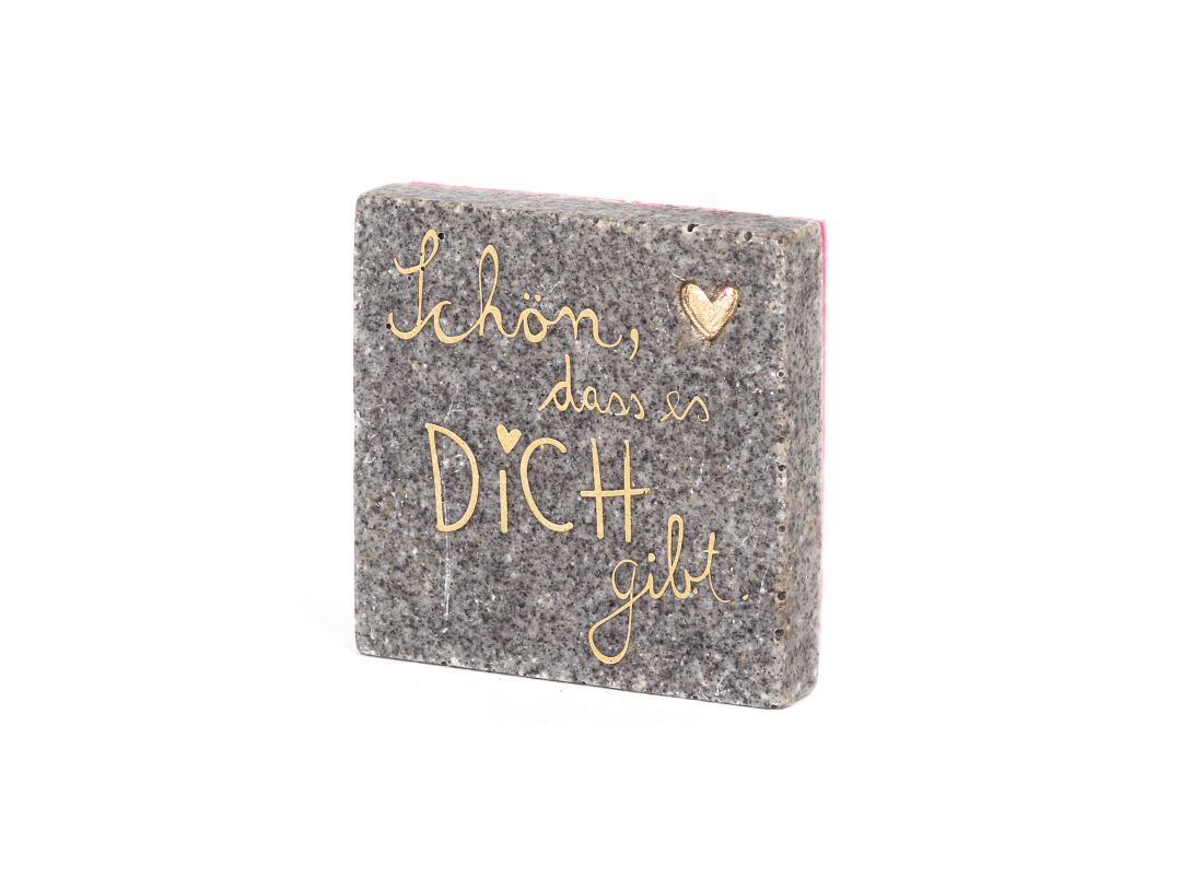 Terrazzo-Minifliese von Good old friends mit der goldenen Aufschrift Schön dass es Dich gibt