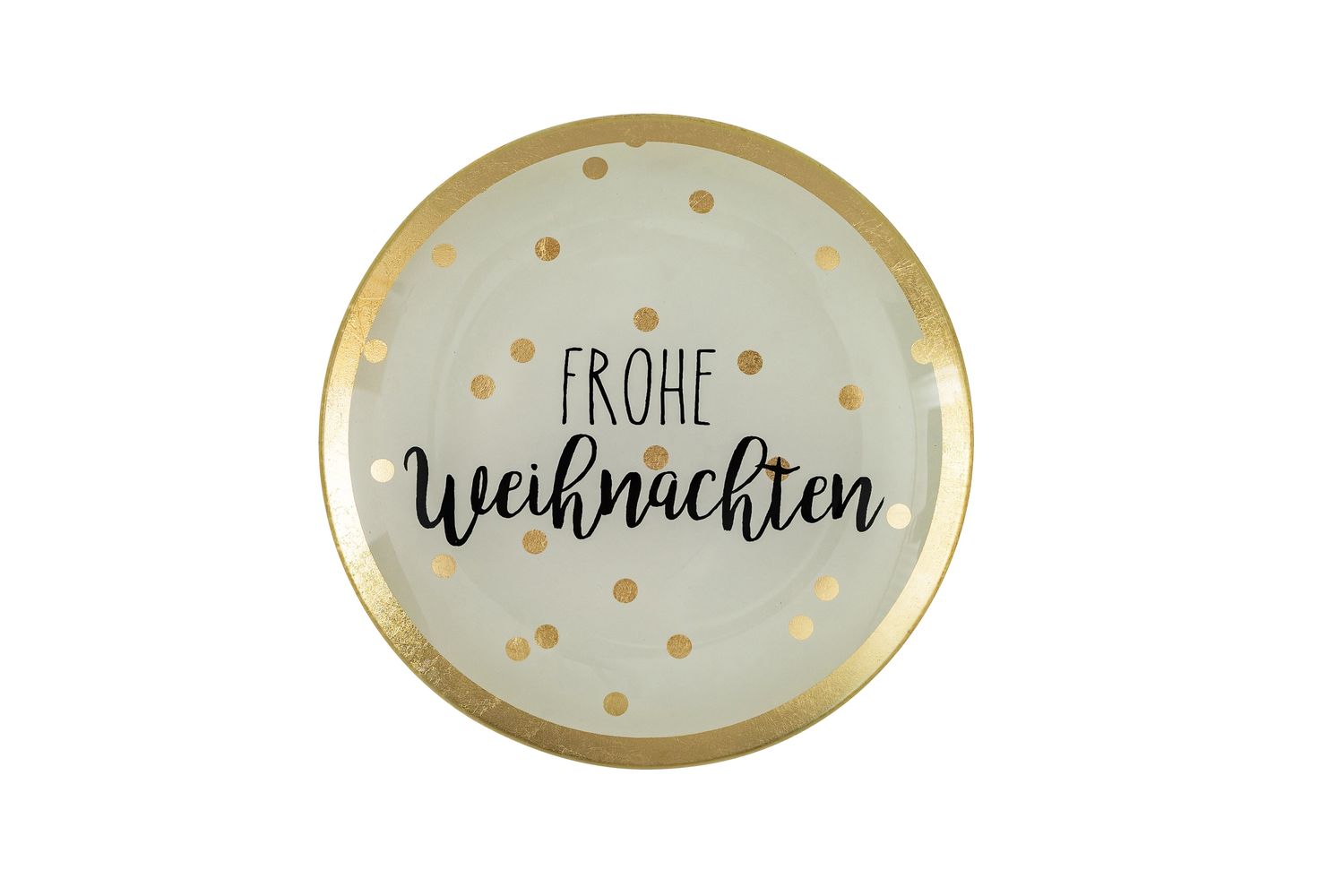Runder Glasteller Frohe Weihnachten M von Giftcompany mit breitem Goldrand, goldenen Punkten und schwarzem Schriftzug
