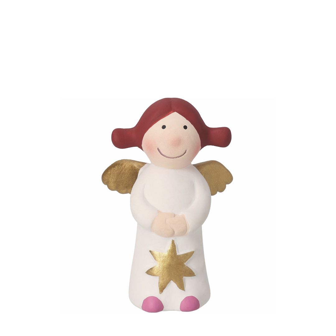 Kleine handbemalte Sammelfigur Himmlische Schwester Aurelia Mini Edition 10 von räder aus Steinzeug im weißen Kleid mit goldenem Stern, goldenen Flügeln, rosa Schuhen und dunkelroten Zöpfen