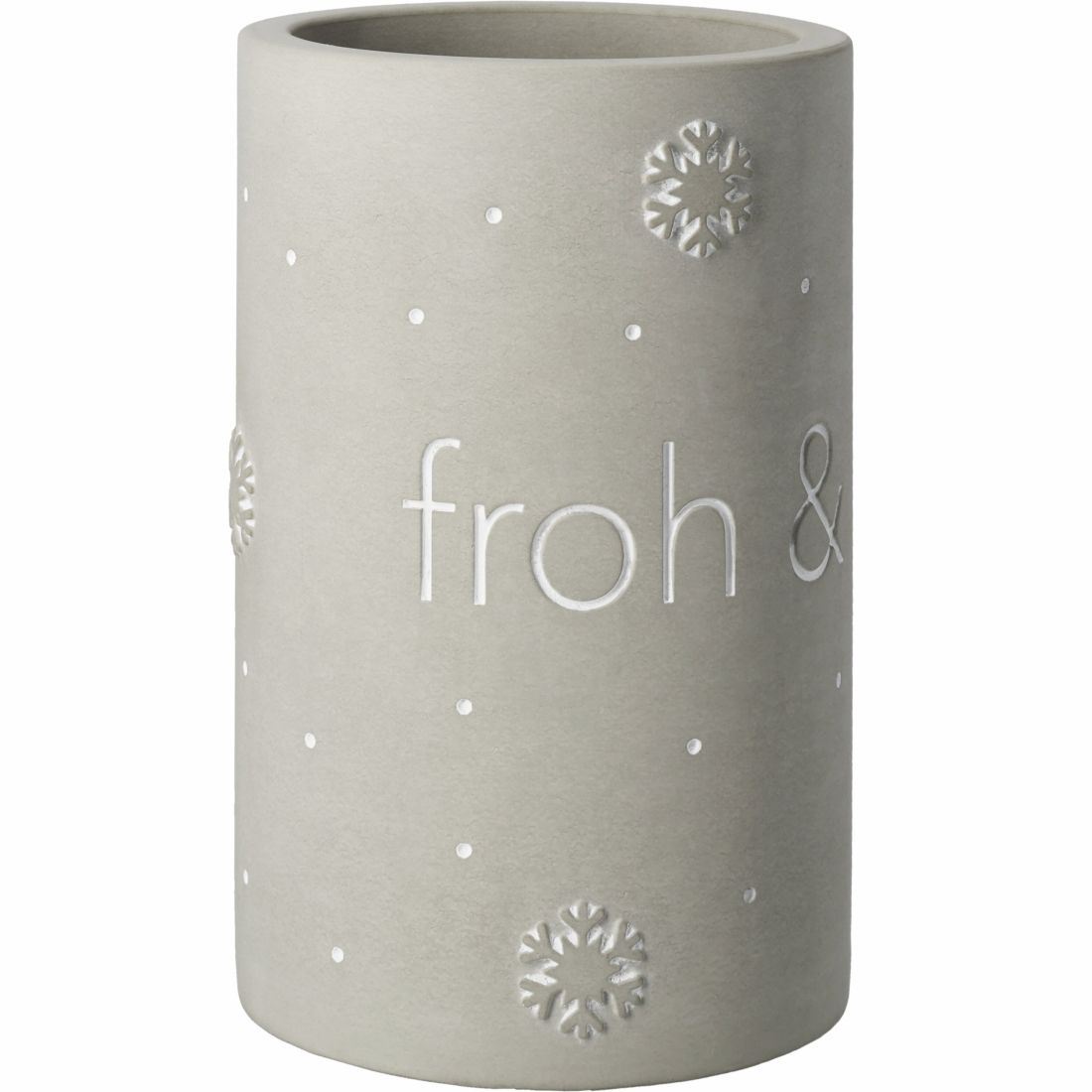 Grauer räder WeinkuehlerFroh und munter aus Beton mit eingeprägten Schneeflocken-Motiven