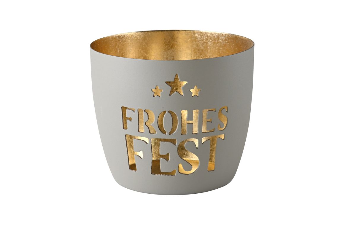 Madras Windlicht Frohes Fest von Giftcompany in mattem Grau mit goldener Innenbeschichtung, ausgestanztem Schriftzug Frohes Fest und Sternen