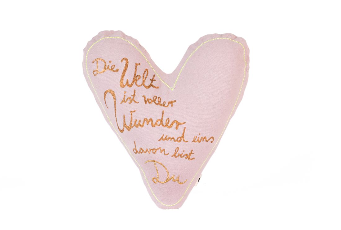 Herz-Kissen, Stickerei, Pailletten, rosa, Wortschrift