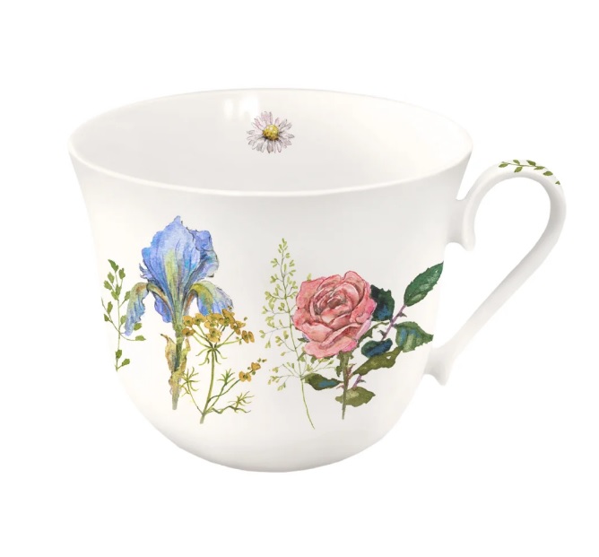 Porzellantasse Rosengarten vom Grätz Verlag mit Blumenillustrationen von Rosen, Wiesenkräutern, Schwertlilien