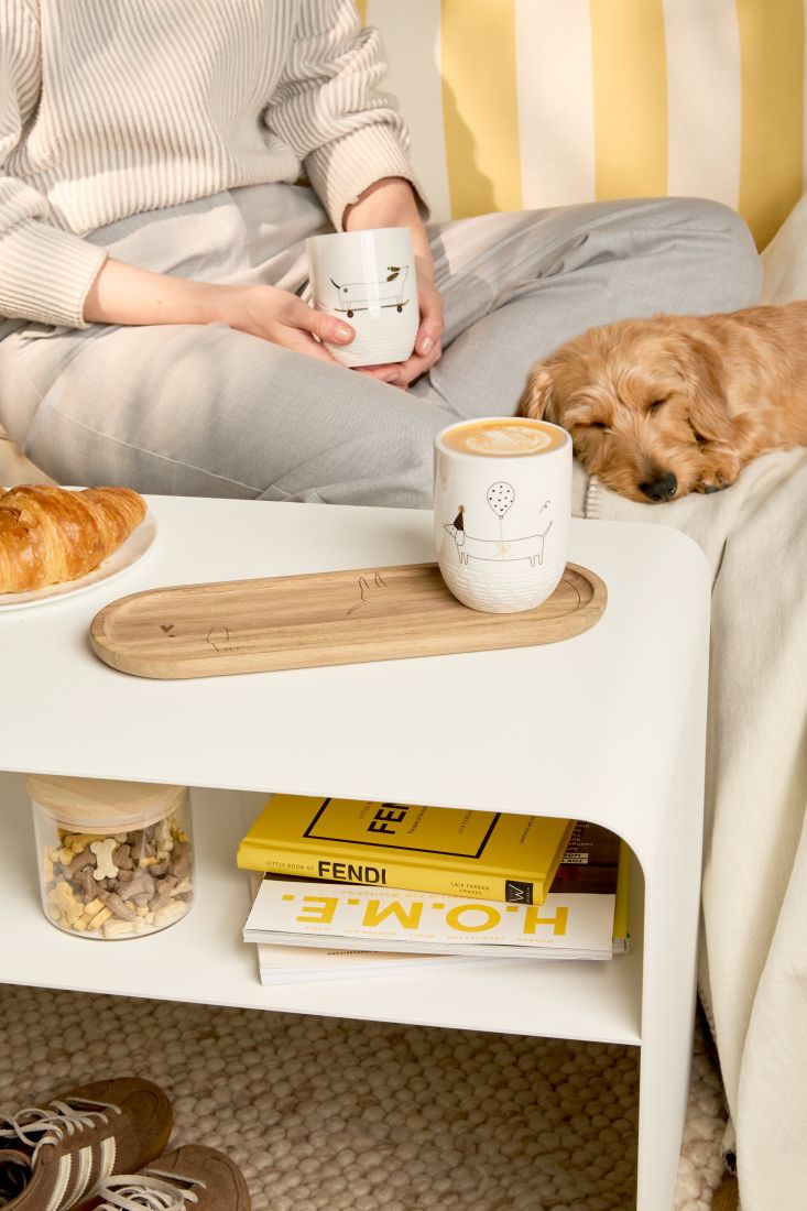 Kaffeetasse, Tasse, Holztablett, Hund, Keks/Snack