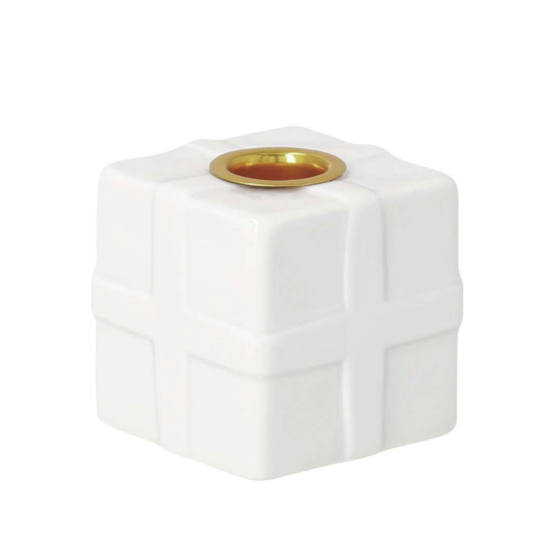Weißer Würfel, Keramikblock, Goldener Ring, Quadratmuster, Gewindelook Öffnung