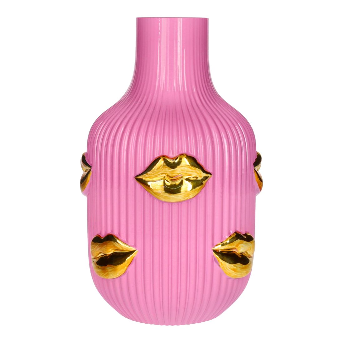 pinkes Vase, gerippte Textur, goldene Lippen-Akzente, Dekovase, Kunstvase