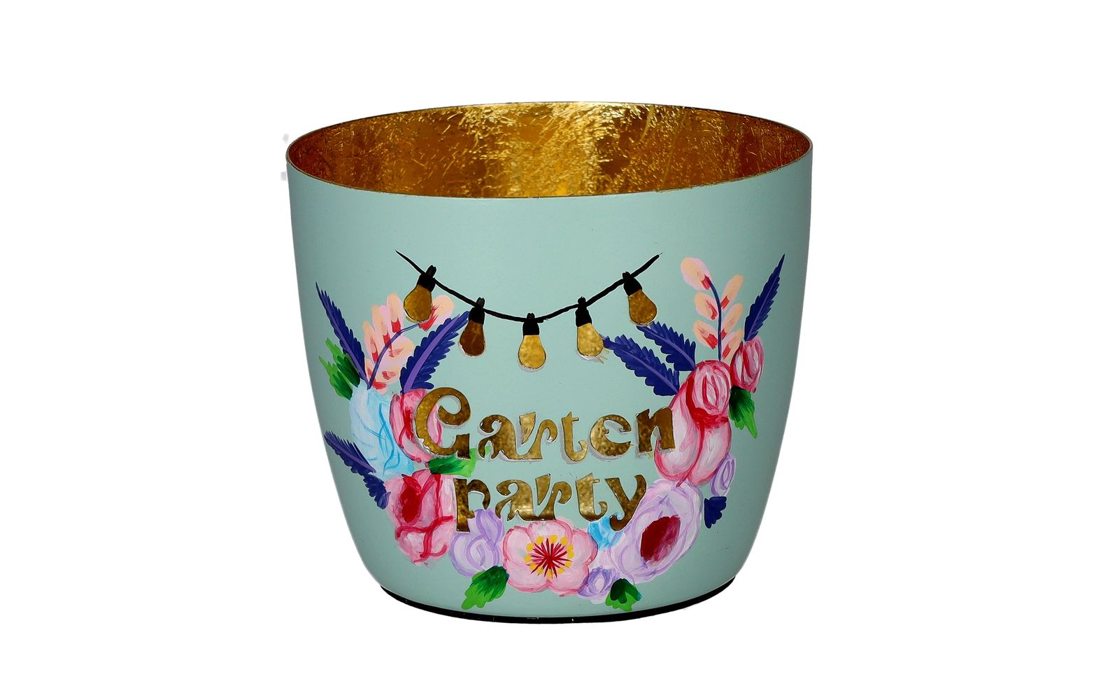 Giftcompany Madras Windlicht Gartenparty in Mint mit ausgestanzter Lichterkette und Blumen