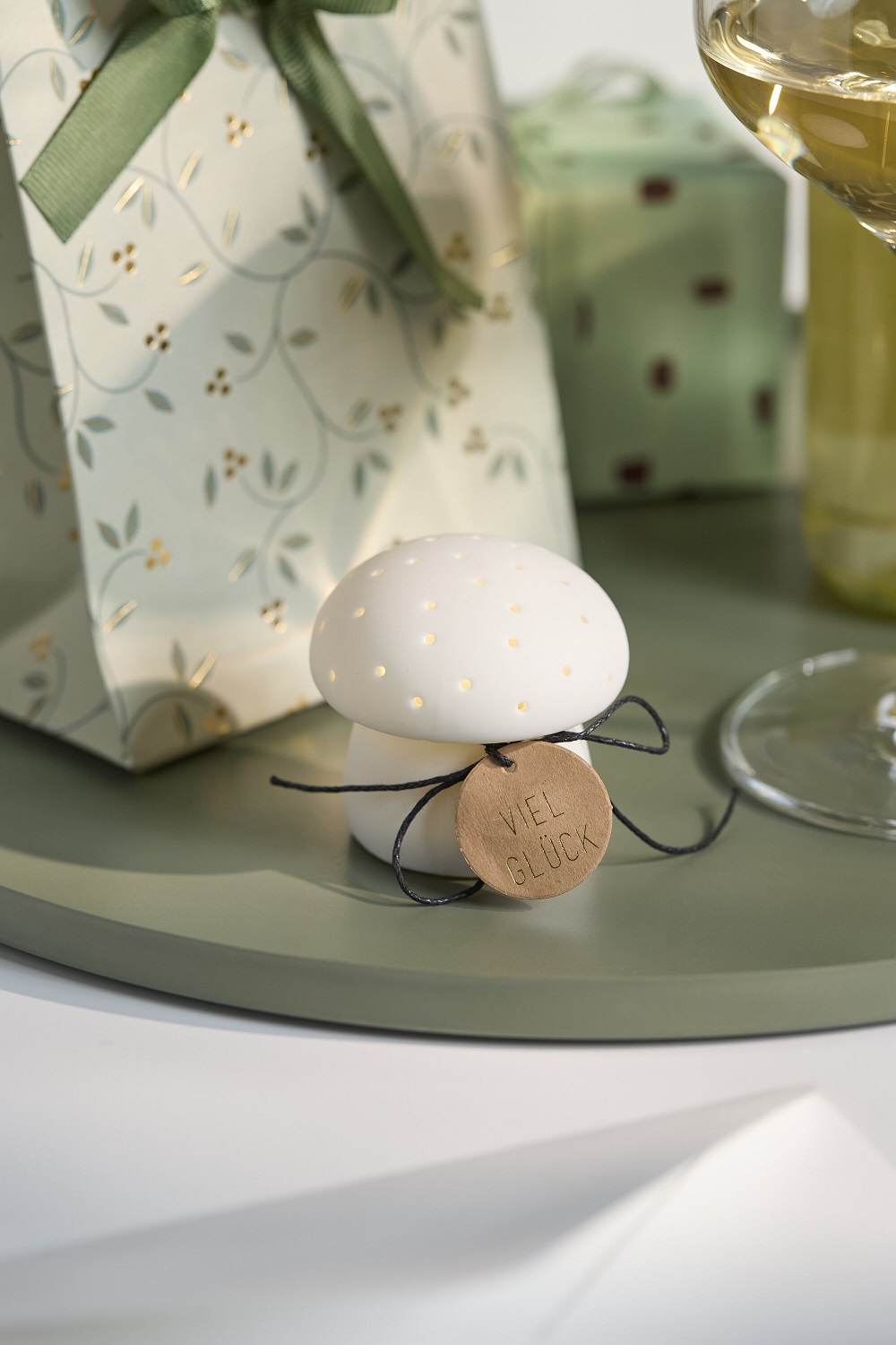 mushroom, ceramic ornament, gift tag, white with gold dots, black string