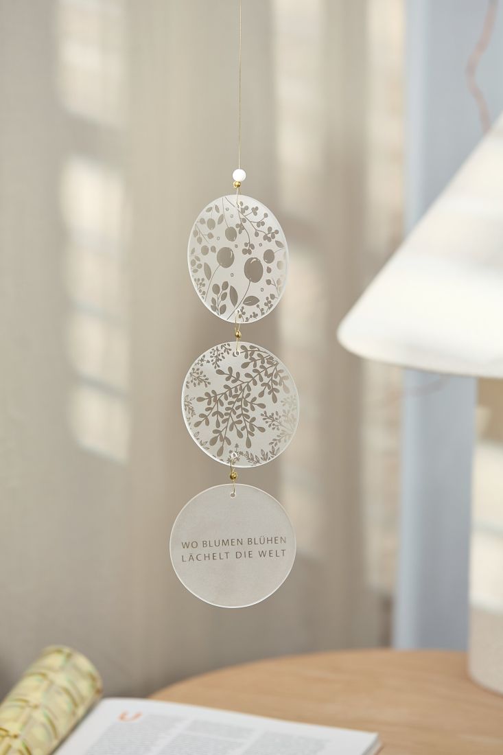 Der elegante räder Glashänger Wo Blumen blühen im Fenster hängend, während das Tageslicht durch die gefrosteten Glasscheiben scheint