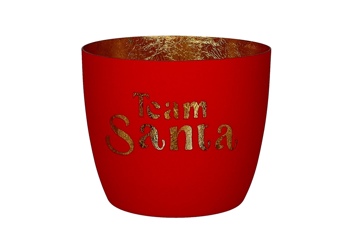 Madras Windlicht Team Santa von Giftcompany in leuchtendem Neon-Rot mit goldener Innenbeschichtung und ausgestanztem Schriftzug TEAM SANTA