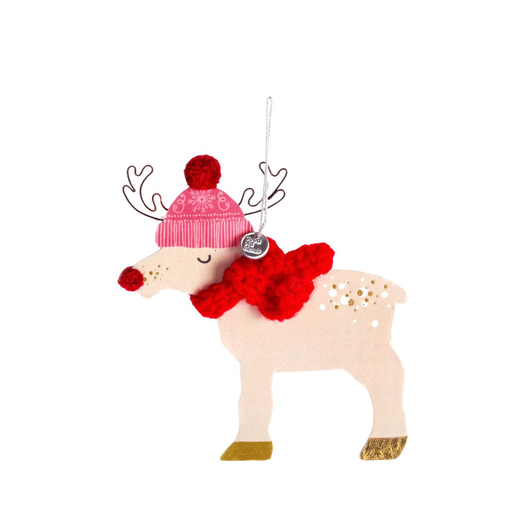 Süßes Winter Herzwärmtier Rentier von Good old friends: Papp-Rentier mit rotem Schal, Pompom-Nase, Drahtgeweih, rosa Mütze und Wollaufhängung