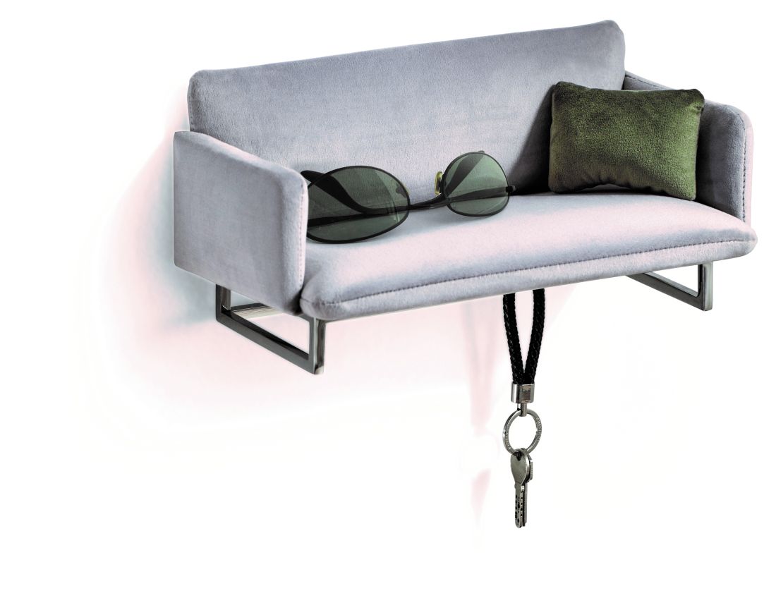 Philippi Couch Mini-Garderobe als Wandablage in Form eines Mini-Sofas mit Samtpolster, Edelstahlgestell und drei Schlüsselhaken