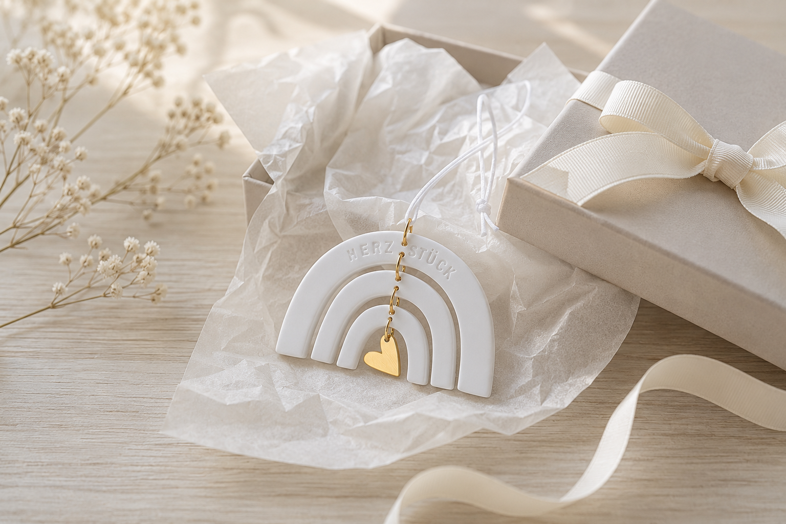 Wunschgeschenk, Herzanhänger, Regenbogenanhänger, Weiße Pendel, Gold Charm