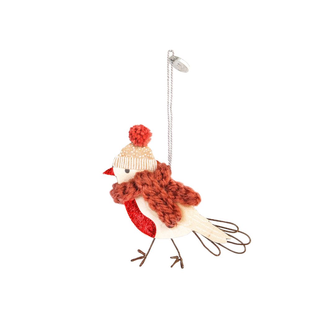 Süßer Mini Wintervogel Roter Schal von Good old friends: Papp-Vogel mit gestricktem rosa Schal, Mütze mit Pompom und Wollaufhängung