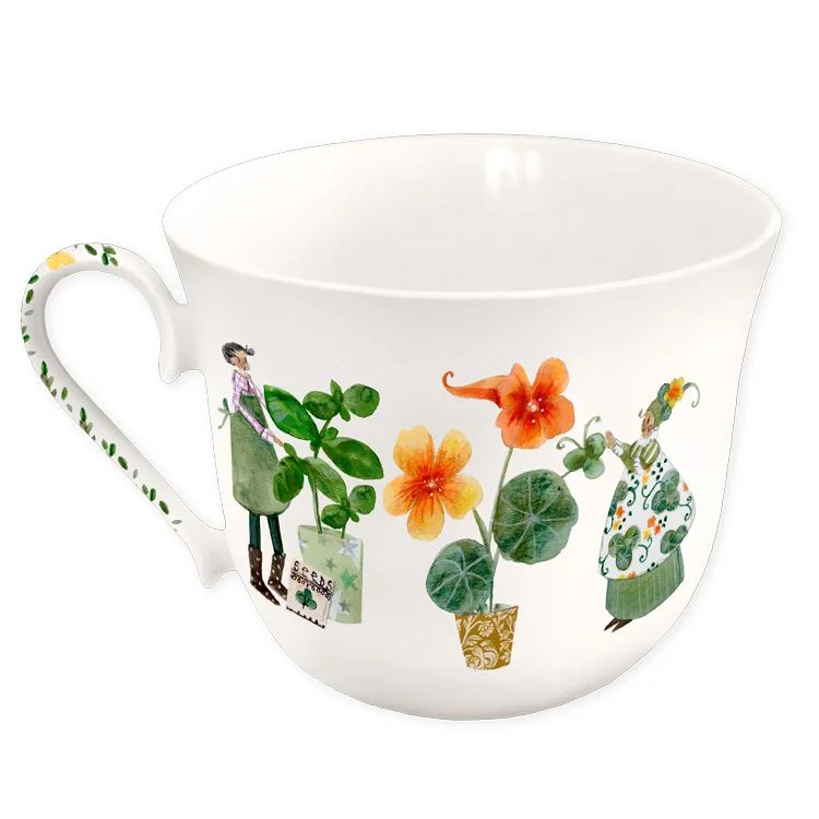 陶瓷杯, 花卉图案, 橙色花朵, 绿色叶子, 把手设计