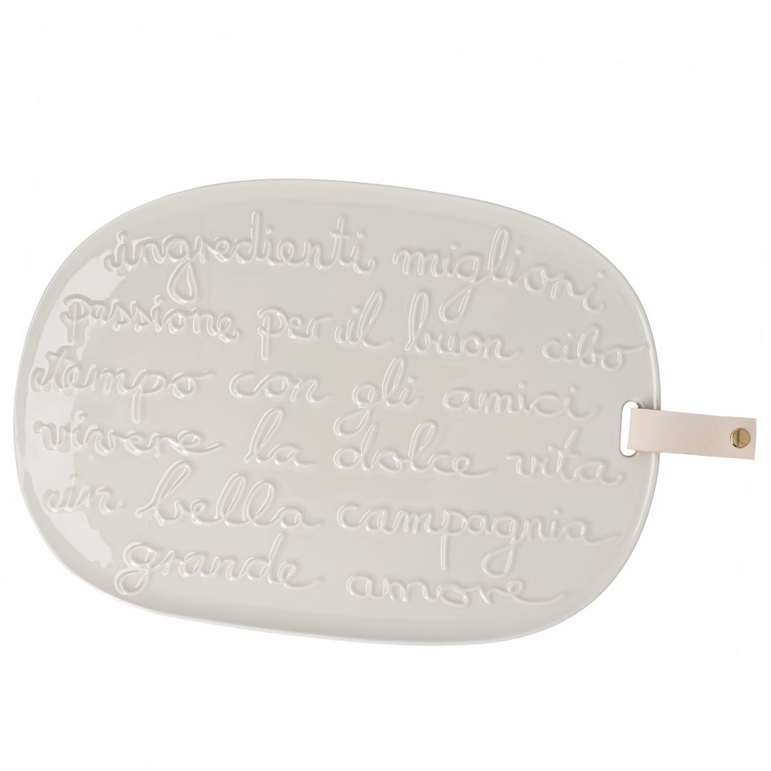 räder Tablett vivere la dolce vita aus beigem Steinzeug mit Relief-Schriftzug