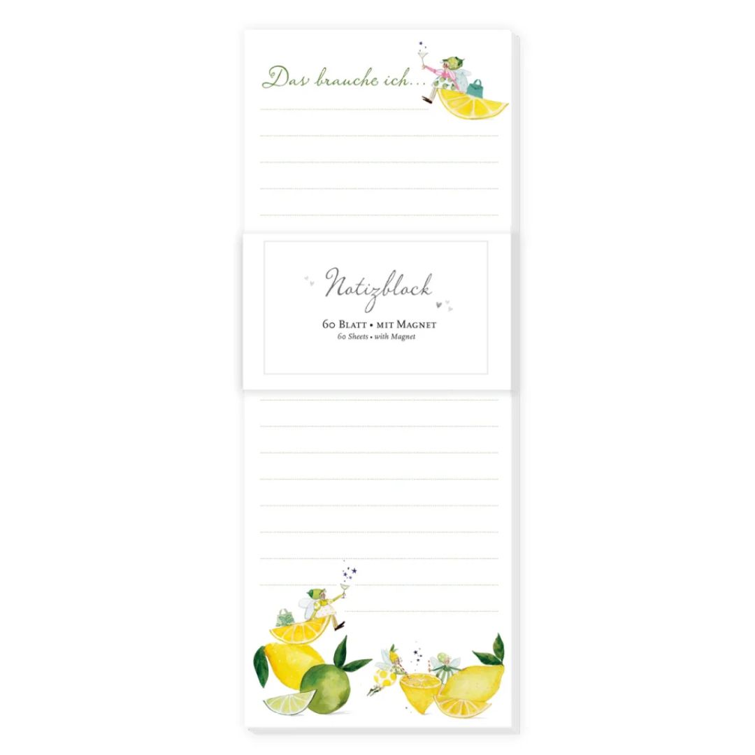 Magnetischer Notizblock Fresh Lemons vom Grätz Verlag mit dem Schriftzug Das brauche ich, sommerlichen Zitronen-Illustrationen von Silke Leffler und 60 Seiten