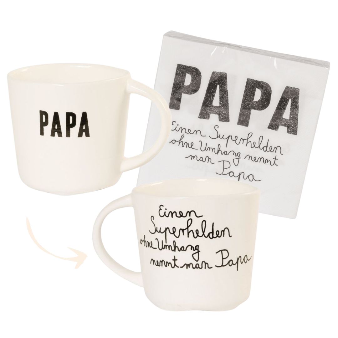 Geschenkset für Väter mit Good old friends Familientasse Papa und Superheld Servietten im 10 Prozent Spar-Bundle
