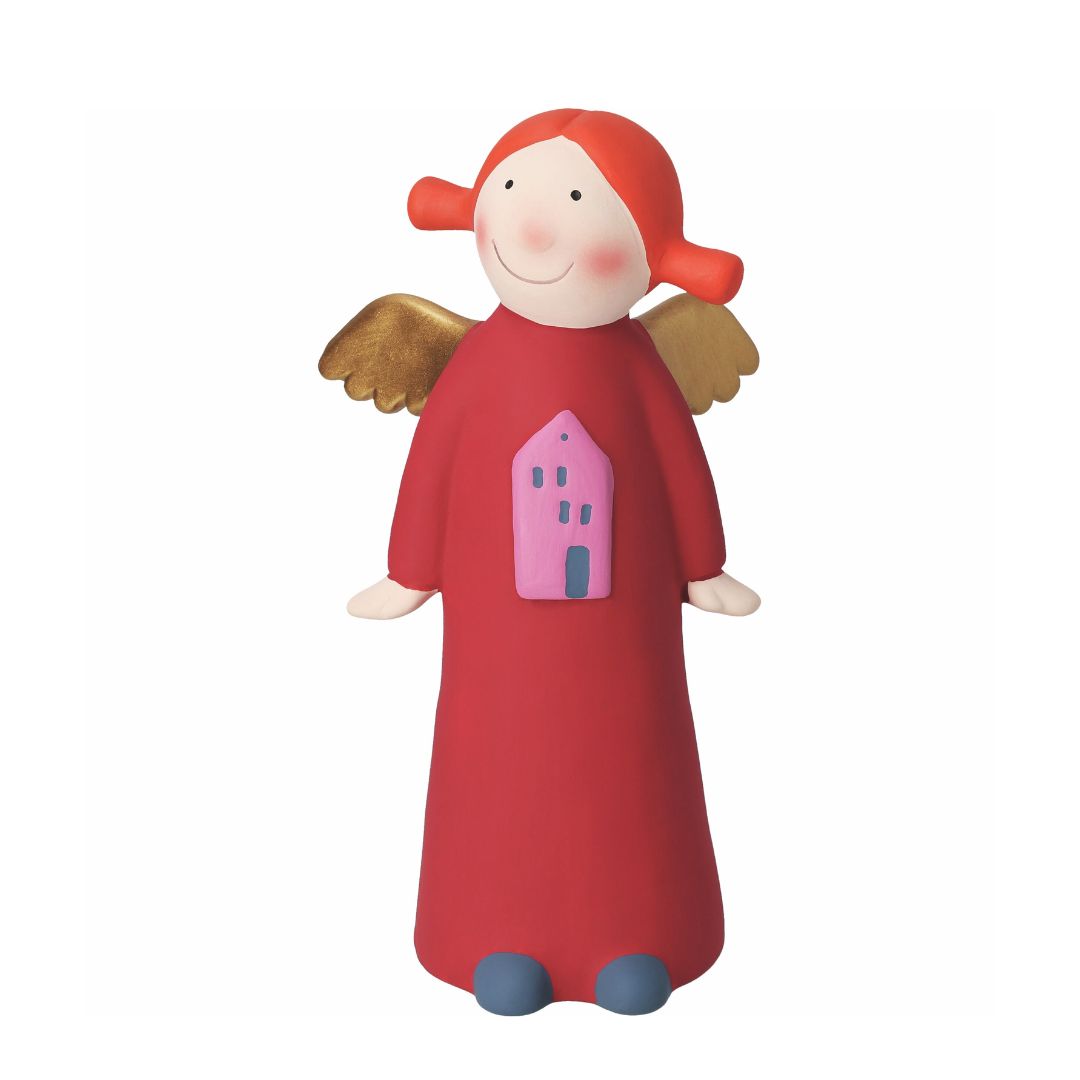 Große handbemalte Sammelfigur Himmlische Schwester Rosine Edition 10 von räder aus Steinzeug im edlen Gewand mit Haus-Motiv, goldenen Flügeln und Zöpfen
