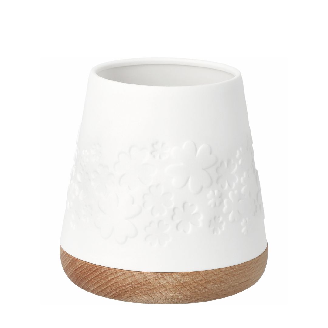 räder Poesie Windlicht Kleeblatt aus weißem Porzellan und Akazienholz Sockel