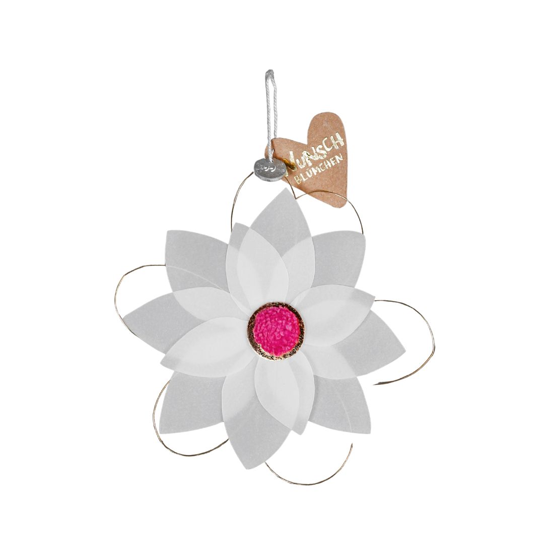 Filigraner Anhänger Wunschblümchen von Good old friends aus Transparentpapier und Golddraht mit buntem Pompom