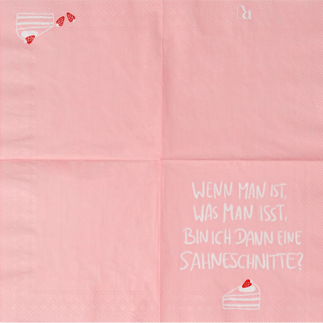 pinkes Servietten-Taschentuch, Kuchenstück, weißer Text, Musterrand, Flacher Lay
