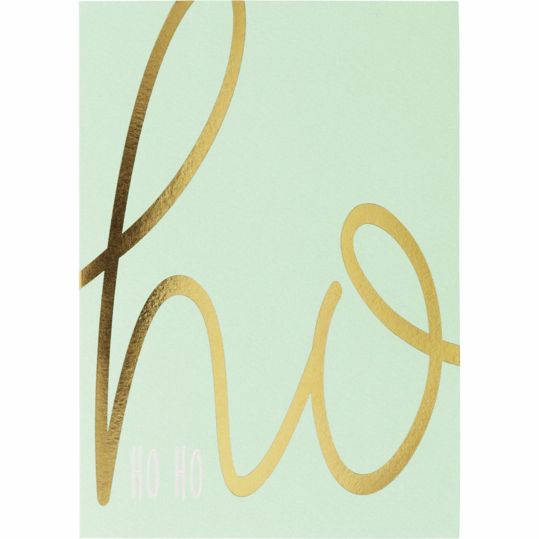 Zartgrüne Weihnachtskarte von räder mit geschwungenem goldenem Ho-Schriftzug und feinem Ho Ho Ho Print