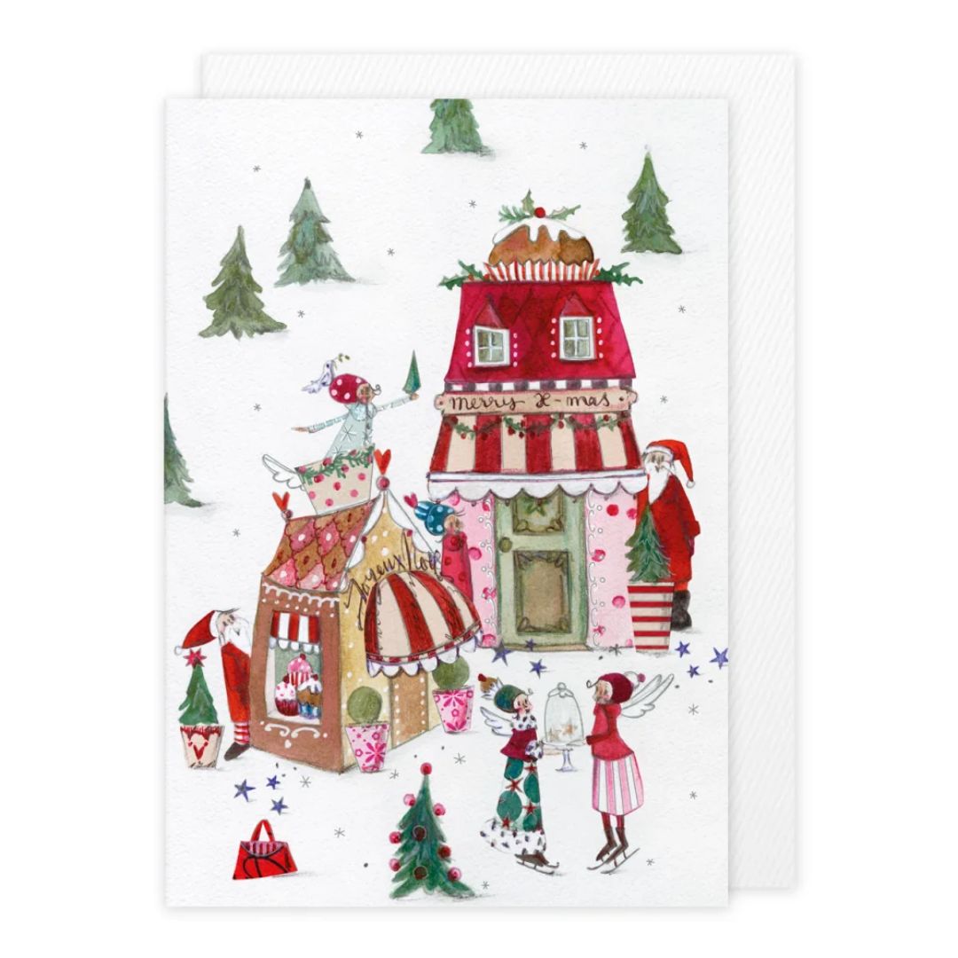 Kunstvoll illustrierte Klappkarte Merry X-Mas von Silke Leffler für den Grätz Verlag mit einem verspielten Weihnachtsmarkt-Motiv, Marktständen und Engeln
