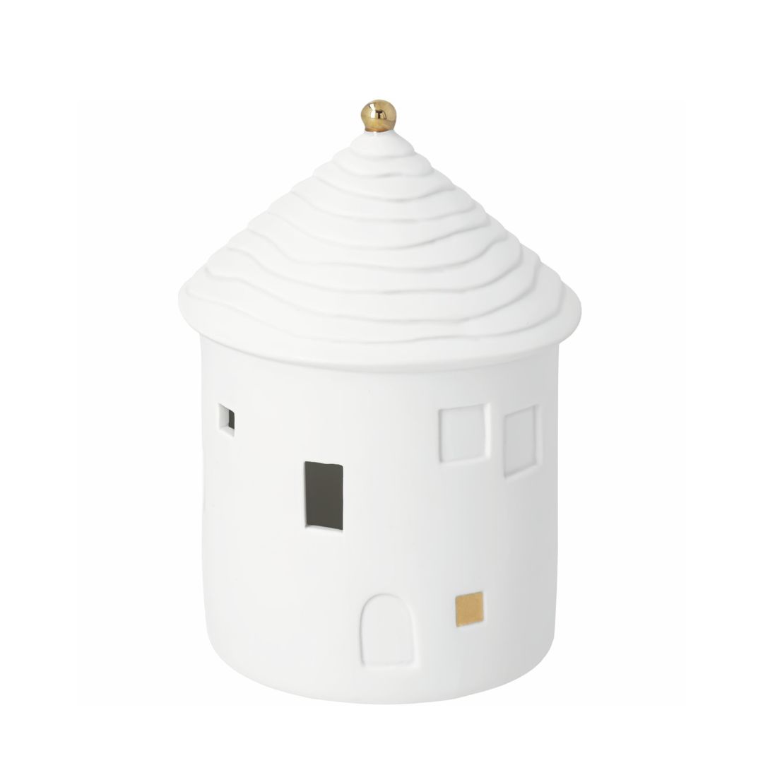 Rundes weißes Porzellan LED Lichthaus Kugel von räder mit gewelltem Dach, glänzender goldener Kugel an der Spitze, kleinen Fenstern und goldenem Quadrat-Detail