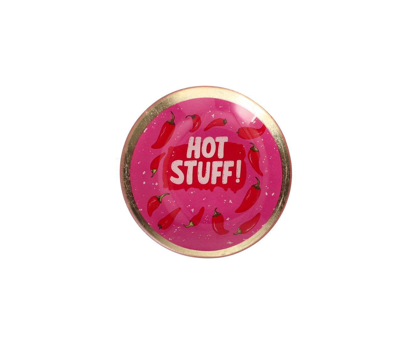 Giftcompany Love Plate Glasteller Hot Stuff in Rosa mit Peperoni-Motiv, Schriftzug und edlem Goldrand