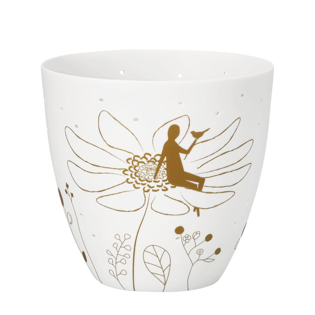 Weißer Porzellan-Teelichthalter Blumenwiese von räder mit feinen goldenen Illustrationen und Lochstanzung