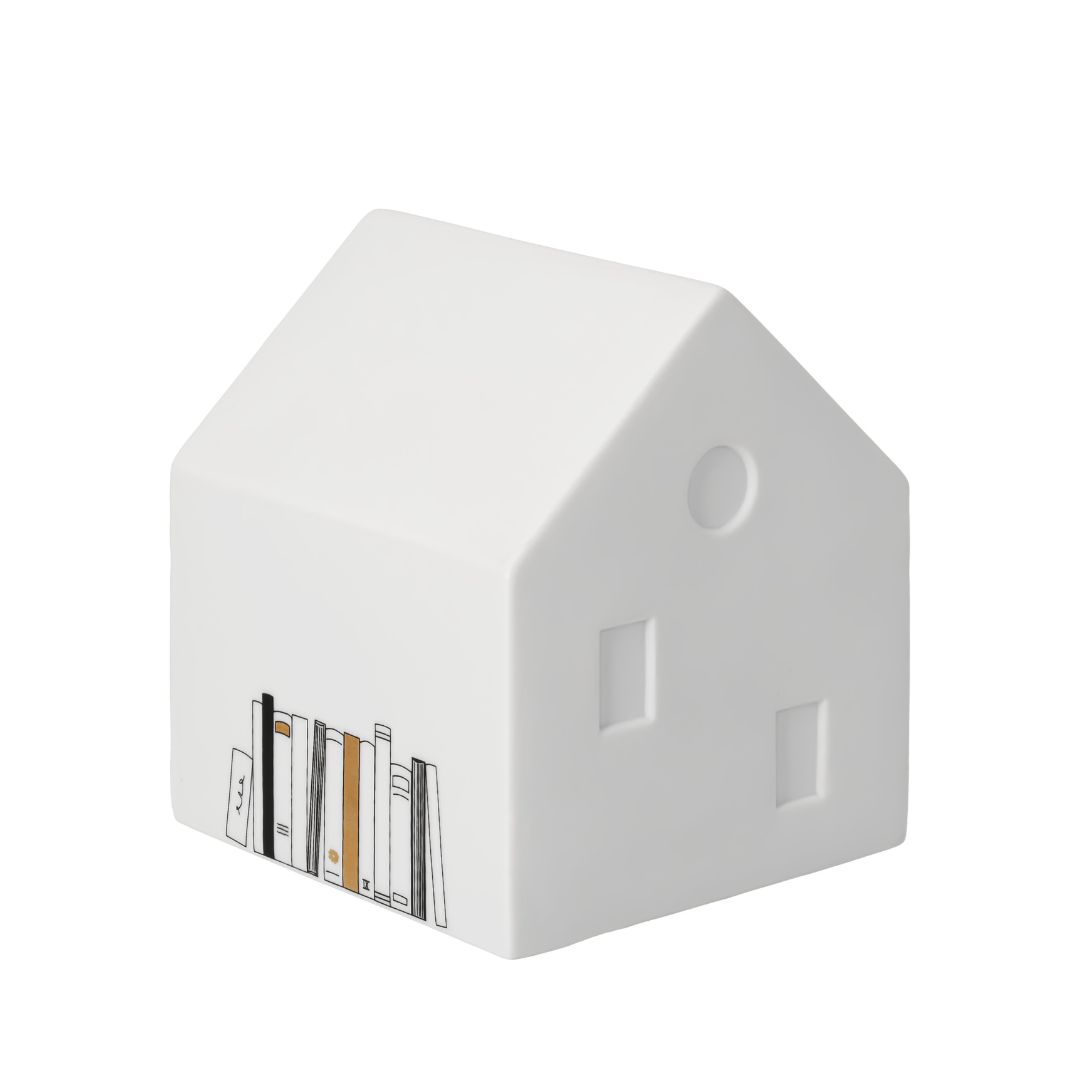 räder LED Lichthaus Bücher aus teilglasiertem weißem Porzellan mit Fenster-Reliefs und Buch-Motiven