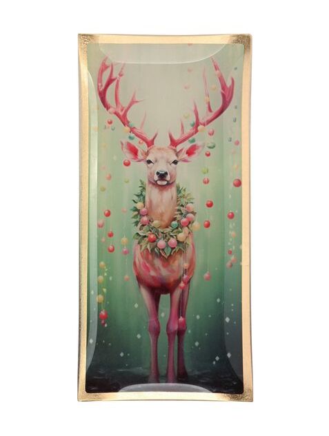Rechteckiger Glasteller Rentier L von Giftcompany mit majestätischem Hirschmotiv, Weihnachtskranz, Kugeln und edlem Goldrand