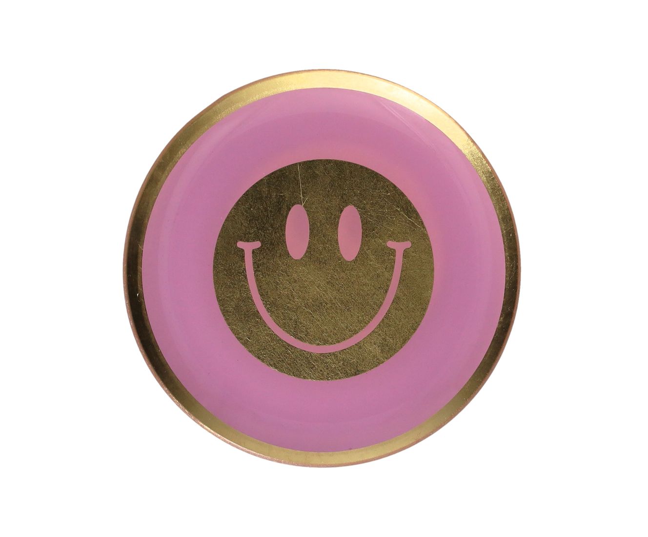 Runder Giftcompany Love Plates Glasteller Lachendes Gesicht in Größe M mit goldenem Smiley auf rosa Hintergrund und feinem Goldrand