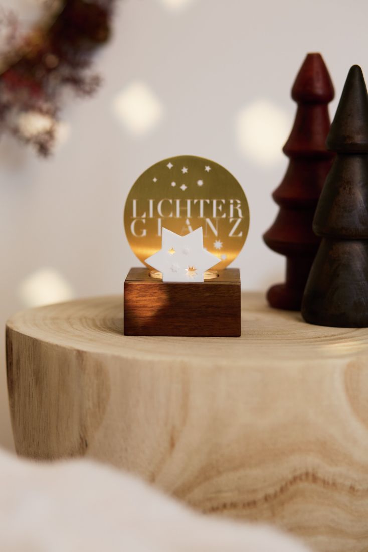 Holzbaselplatte, Weihnachtsdeko, LED-Stern, goldene Scheibe, Dekoration