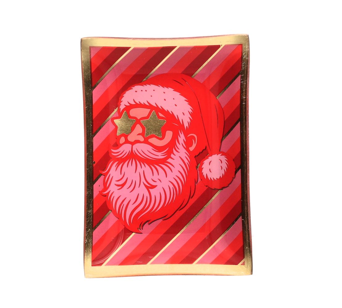 Rechteckiger Glasteller Weihnachtsmann M von Giftcompany mit lässigem Santa mit goldener Sternenbrille auf rot-pink gestreiftem Hintergrund und Goldrand