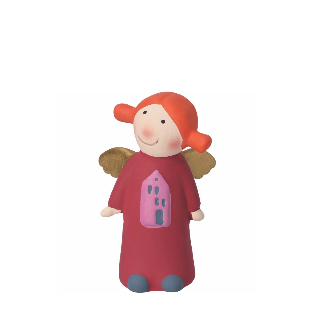 Kleine handbemalte Sammelfigur Himmlische Schwester Rosine Mini Edition 10 von räder aus Steinzeug im roten Kleid mit Rosa Haus-Motiv, goldenen Flügeln und orange-roten Zöpfen