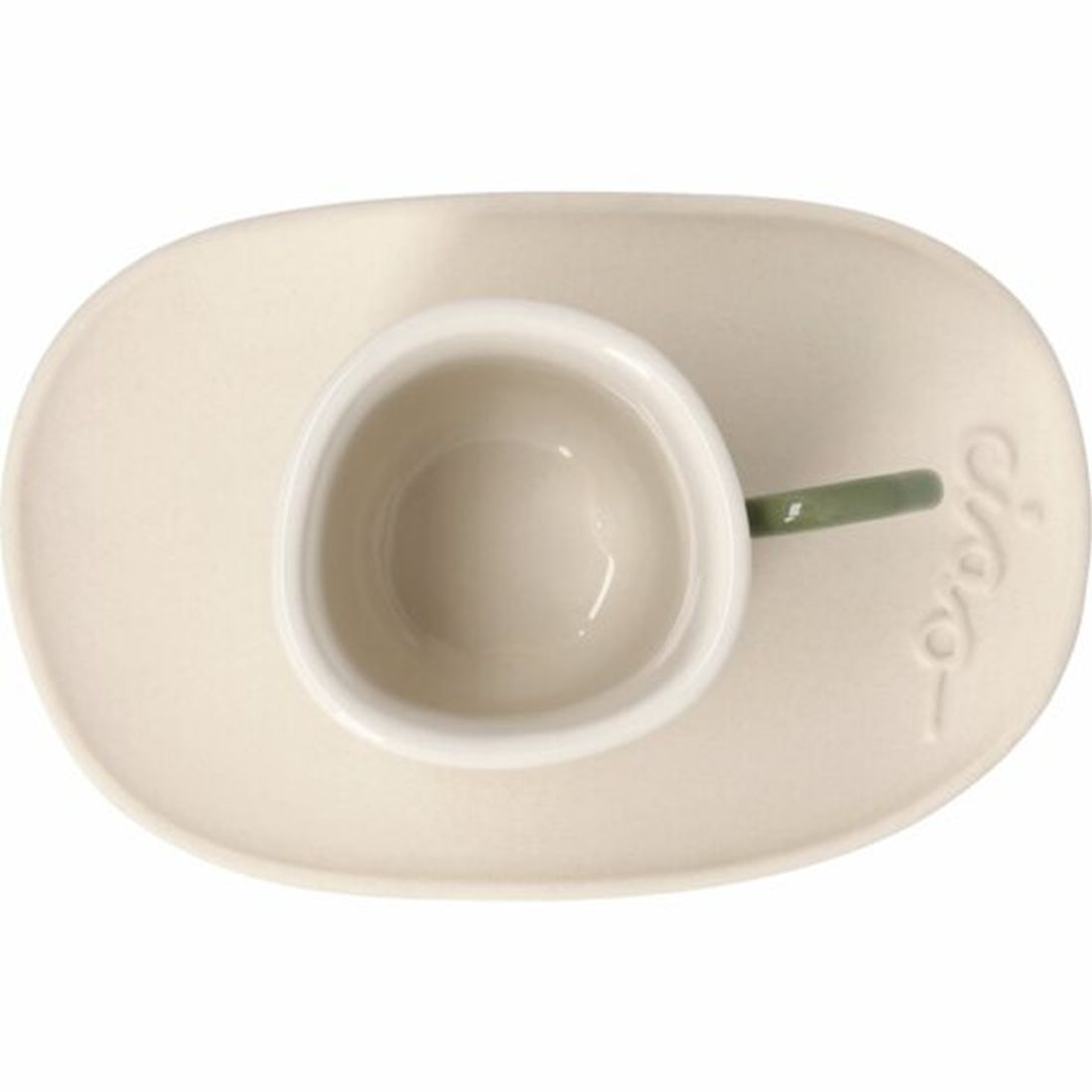 Nahaufnahme des Hoch-Relief Schriftzugs ciao auf der Steinzeug-Untertasse