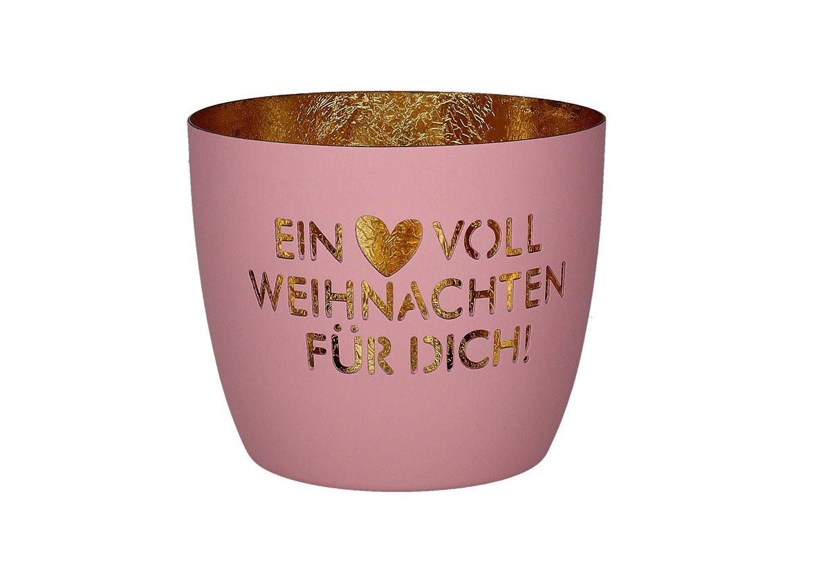 Madras Windlicht Ein Herz voll Weihnachten für dich! von Giftcompany in mattem Rosa mit goldener Innenbeschichtung und ausgestanztem Schriftzug mit Herz-Symbol