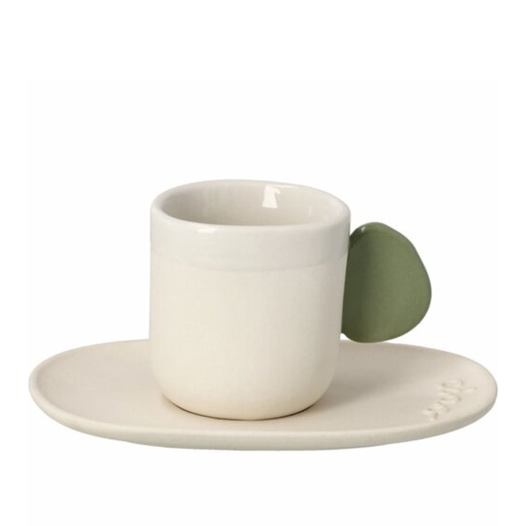 Beige räder Espressotasse ciao mit grünem Griff und passender Relief-Untertasse