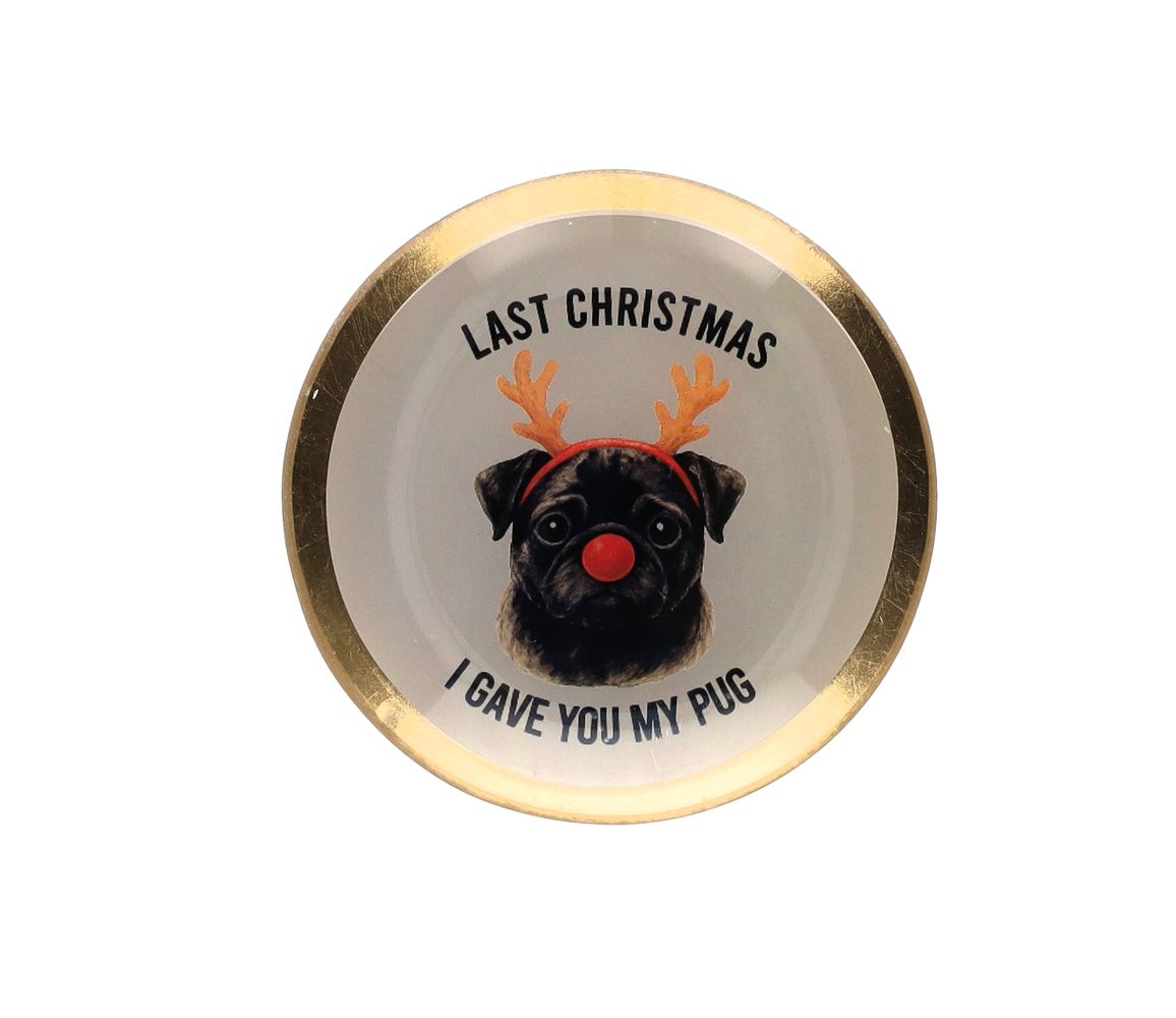 Runder Glasteller Last Christmas I gave you my pug S von Giftcompany mit schwarzem Mops mit Rentiergeweih, roter Nase und edlem Goldrand