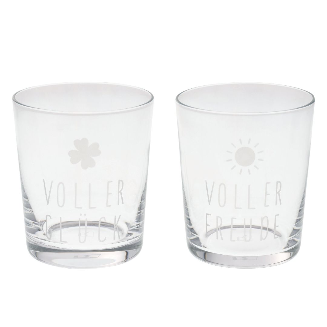 2er-Set räder Design Trinkgläser Voller Glück und Voller Freude aus klarem Glas mit Lasergravur