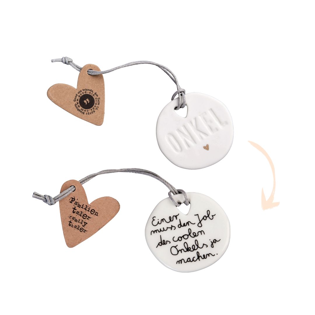 Good old friends Familientaler Onkel aus Porzellan, Ansicht von Vorder- und Rückseite mit goldenem Herz