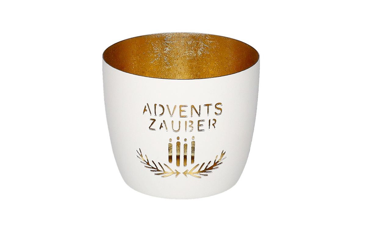 Madras Windlicht Adventszauber von Giftcompany in mattem Weiß mit goldener Innenbeschichtung, ausgestanztem Schriftzug Adventszauber, vier Kerzen und Zweigen